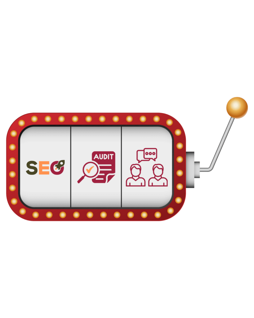 icone représentant l'écran d'une machine à sous, incluant lui même 3 icones : 1 icone SEO, un icone AUDIT et un icone de 2 profils utilisateurs qui discutent